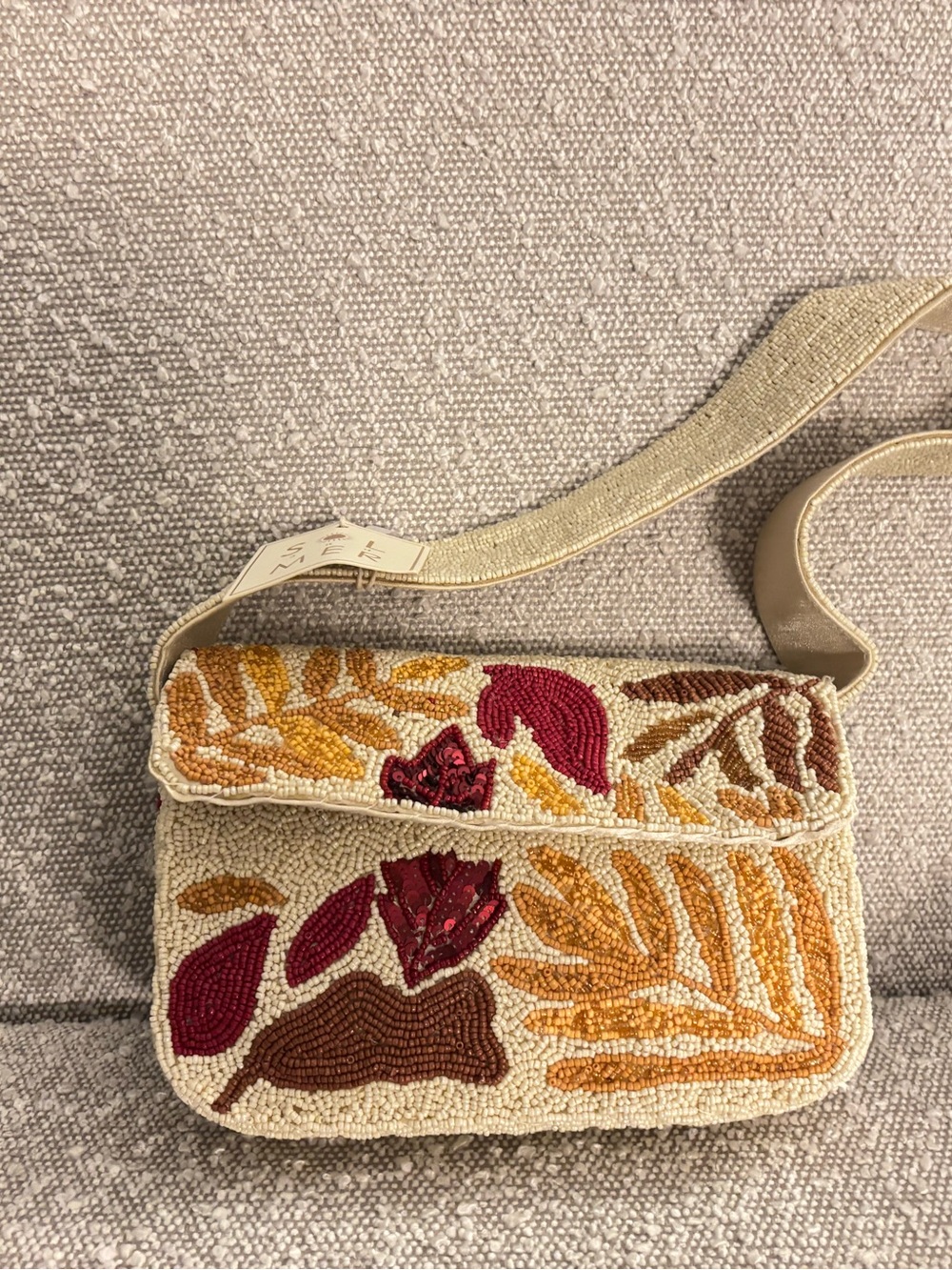 Beaded Floral Crossbody Bag in Cream and Burgundy